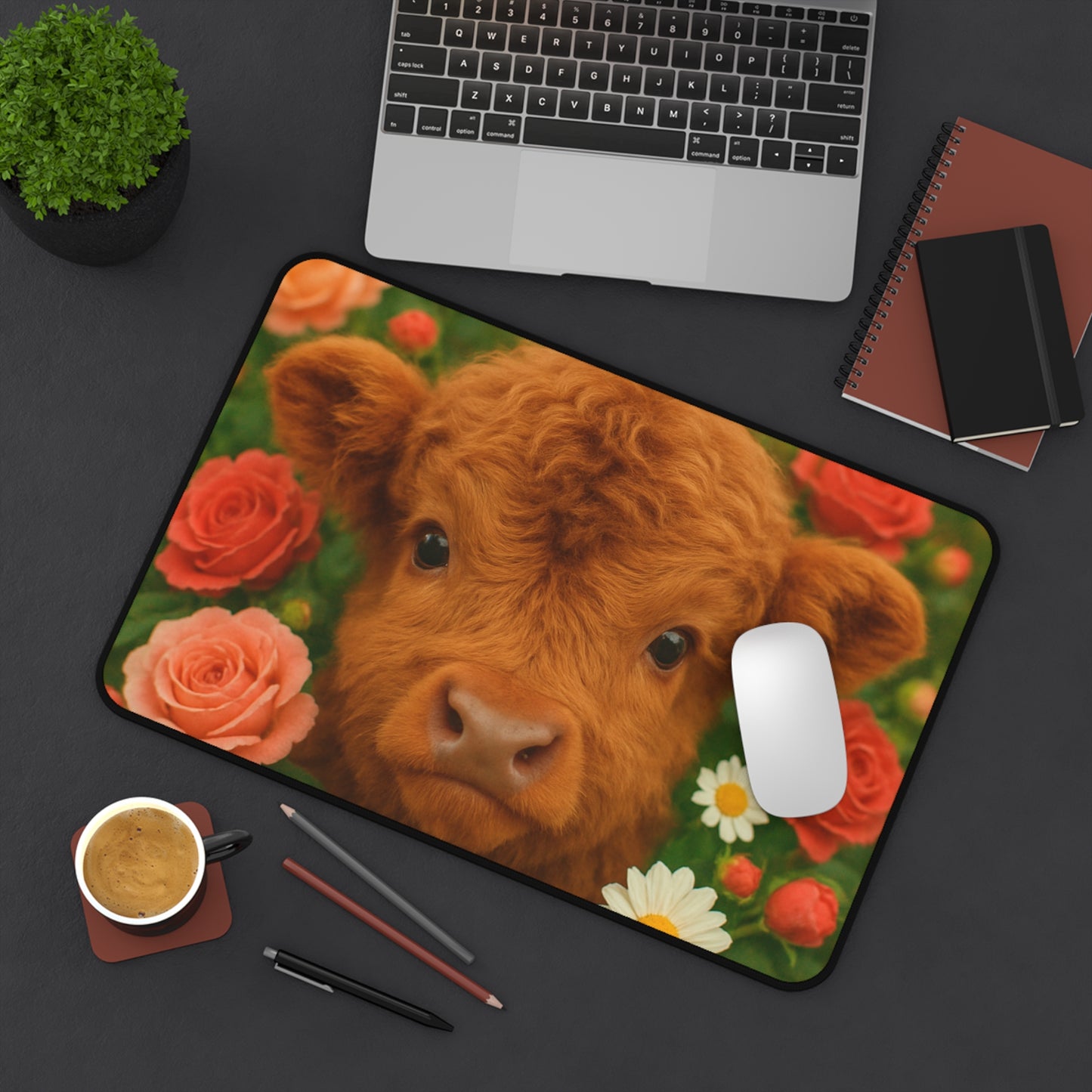 Floral Cow Desk Mat, Cute Office Decor, Cow Lover Gift, Bright Workspace Accessory, Wildlife Themed Desk Pad, Home Office Decoration