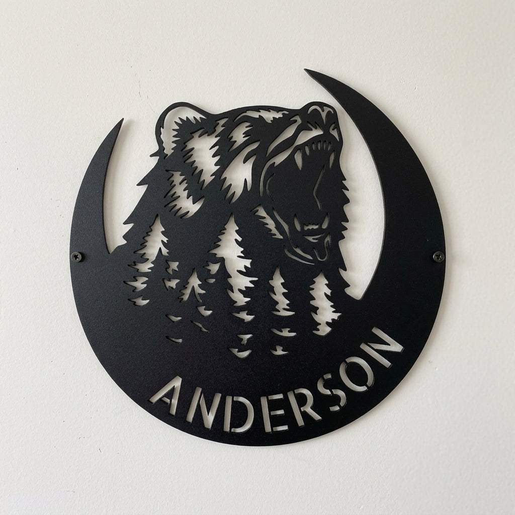 Custom Metal Wall Art - Personalized Grizzly Bear Monogram Sign