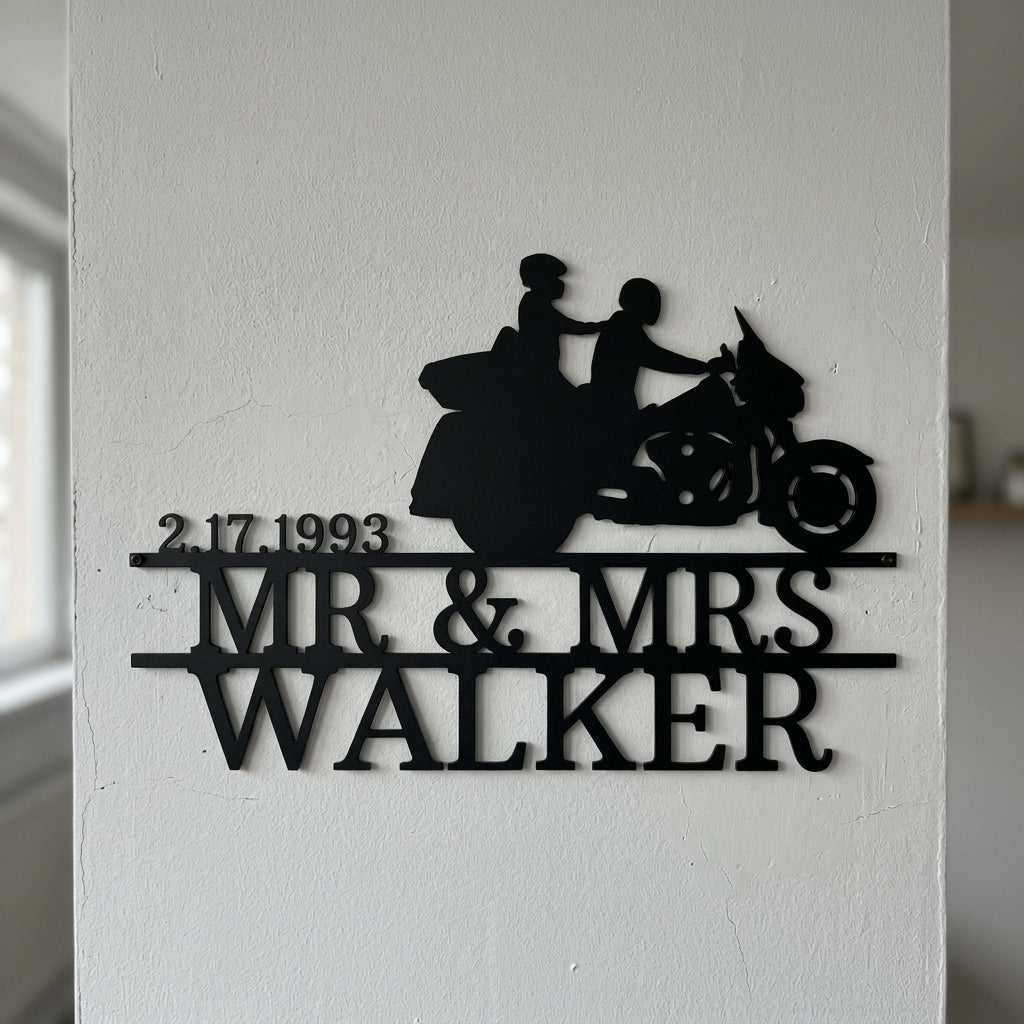 Custom Metal Wall Art - Personalized Biker Couple Name Monogram