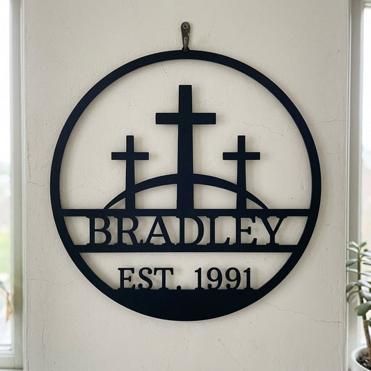 Custom Metal Wall Art - Personalized Three Crosses Name Plaque