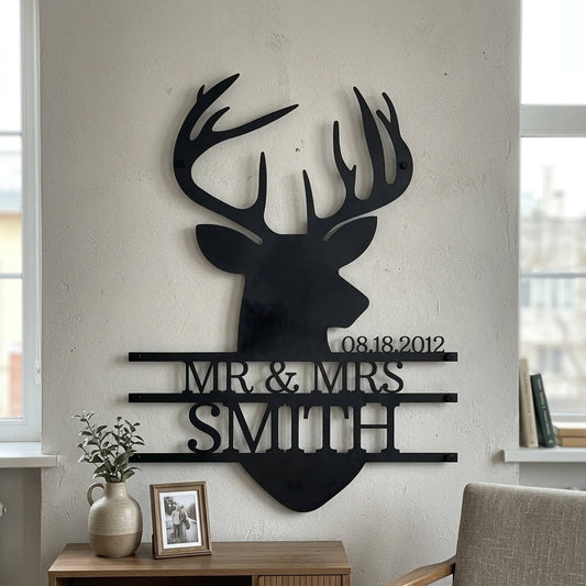 Custom Metal Wall Art - Personalized Deer Antler Head Monogram Sign
