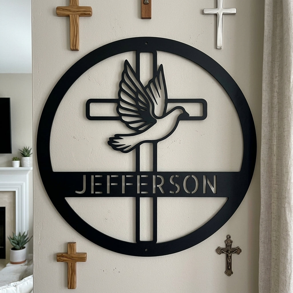 Custom Metal Wall Art - Personalized Cross and Dove Monogram Sign