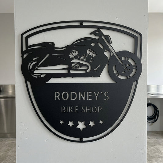 Custom Metal Wall Art - Personalized Biker Garage Name Plaque