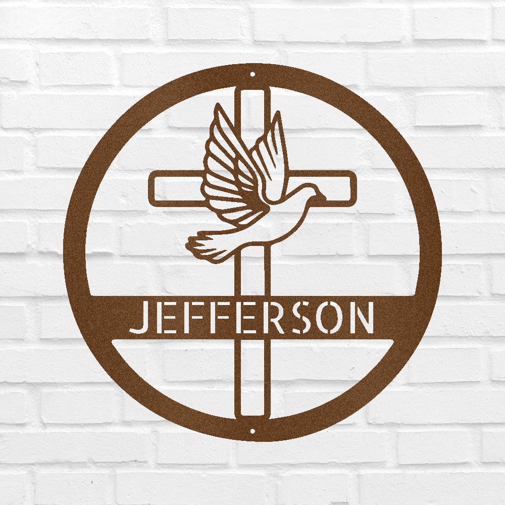 Custom Metal Wall Art - Personalized Cross and Dove Monogram Sign