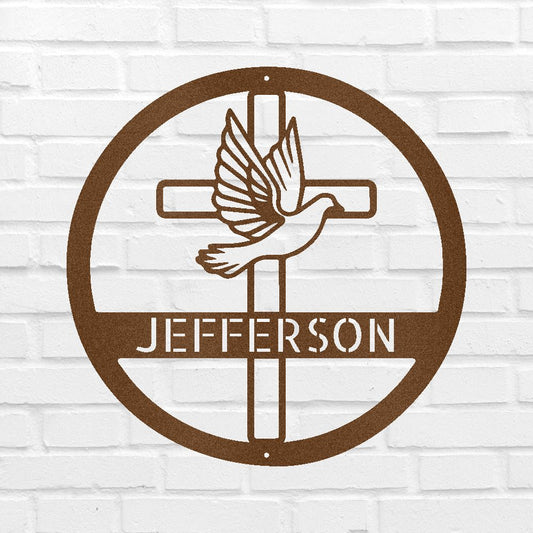 Custom Metal Wall Art - Personalized Cross and Dove Monogram Sign