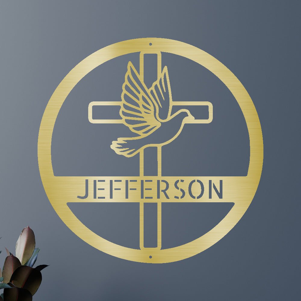 Custom Metal Wall Art - Personalized Cross and Dove Monogram Sign