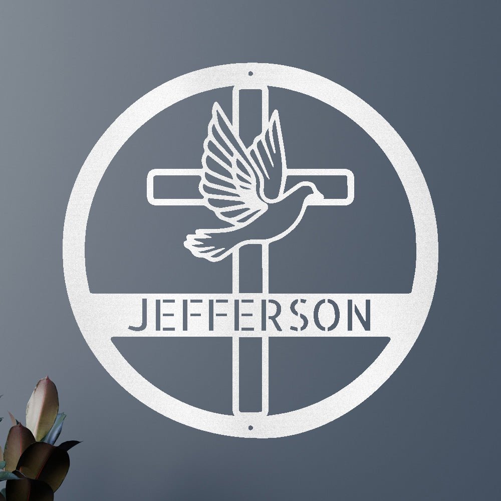 Custom Metal Wall Art - Personalized Cross and Dove Monogram Sign