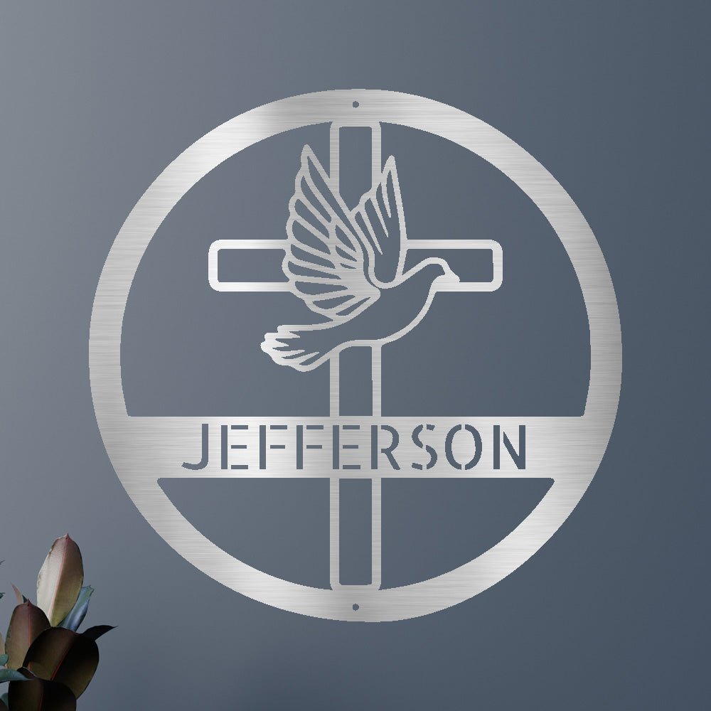 Custom Metal Wall Art - Personalized Cross and Dove Monogram Sign