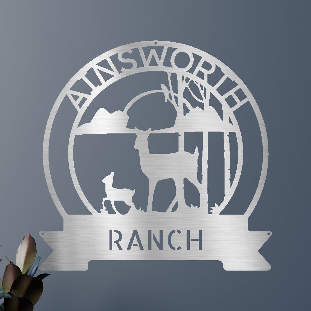 Custom Metal Wall Art - Personalized Sunset Deer Ranch Monogram Sign