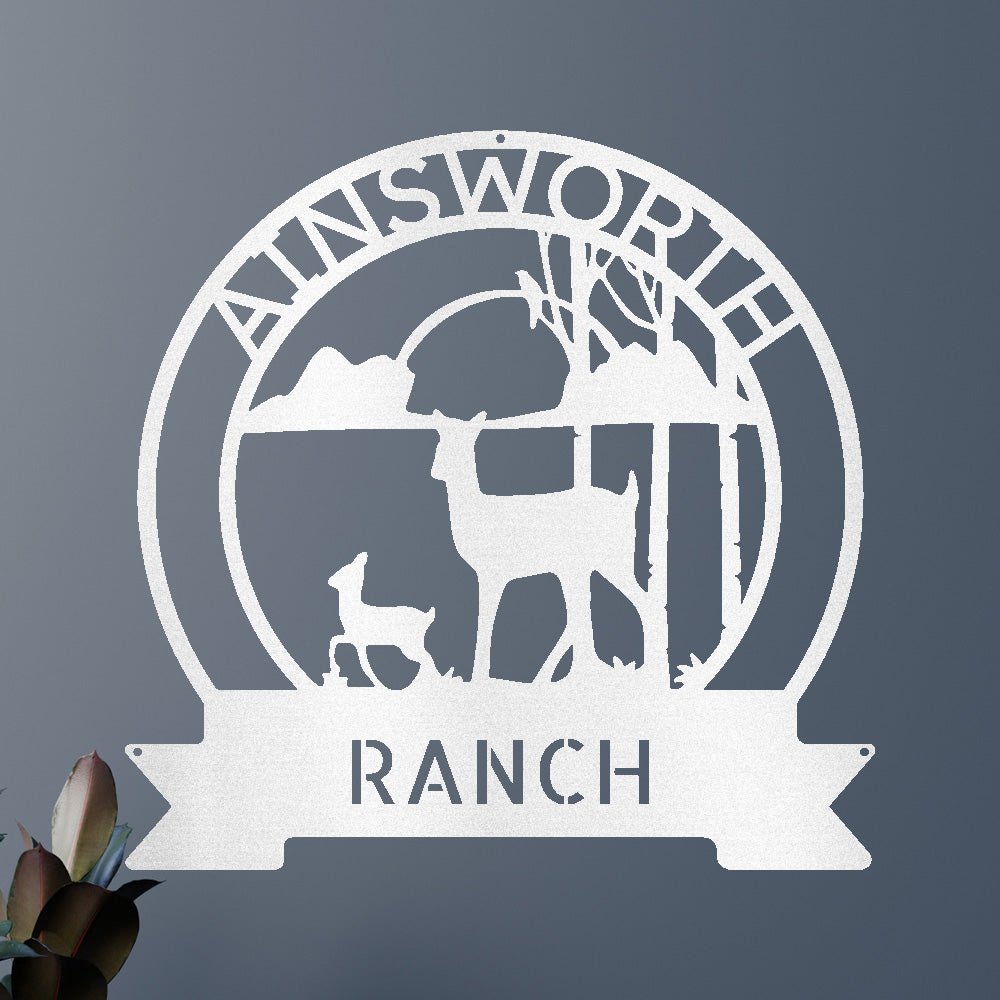 Custom Metal Wall Art - Personalized Sunset Deer Ranch Monogram Sign
