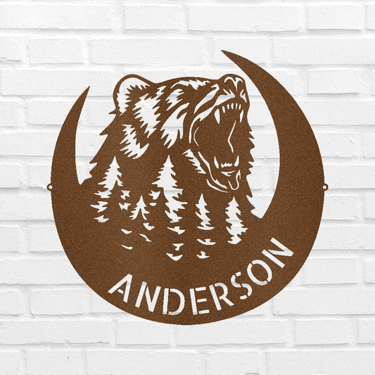 Custom Metal Wall Art - Personalized Grizzly Bear Monogram Sign