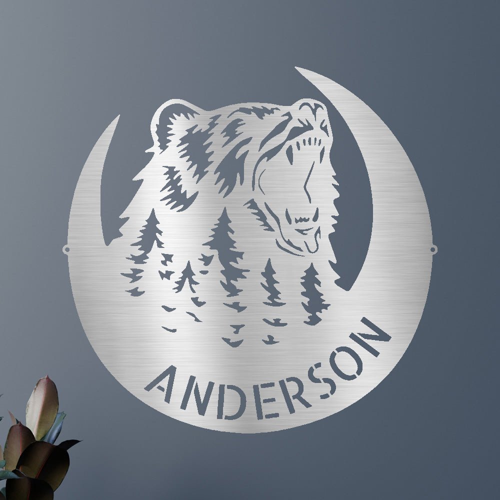 Custom Metal Wall Art - Personalized Grizzly Bear Monogram Sign