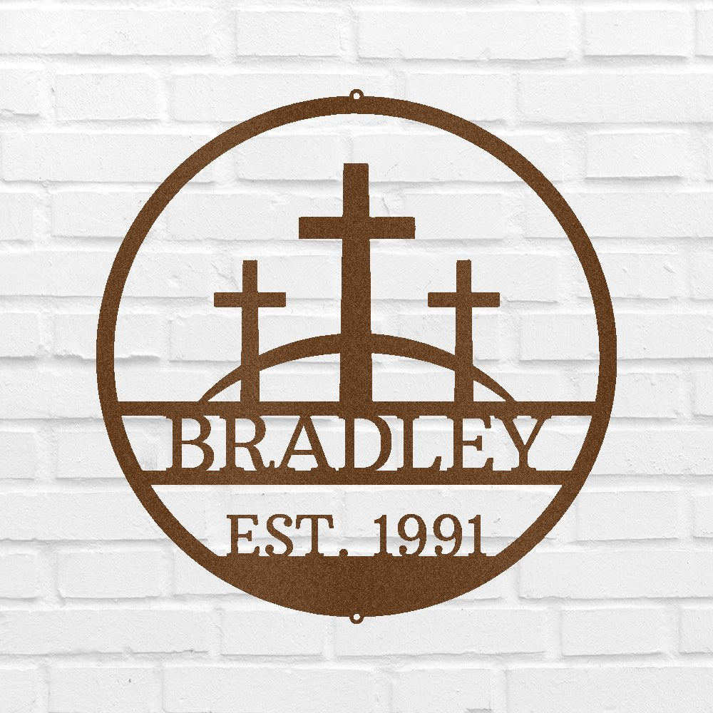 Custom Metal Wall Art - Personalized Three Crosses Name Plaque