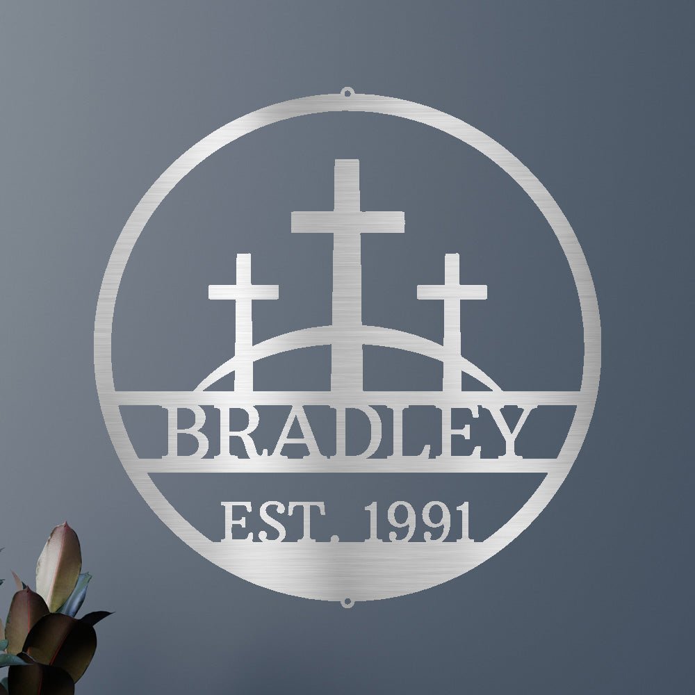 Custom Metal Wall Art - Personalized Three Crosses Name Plaque