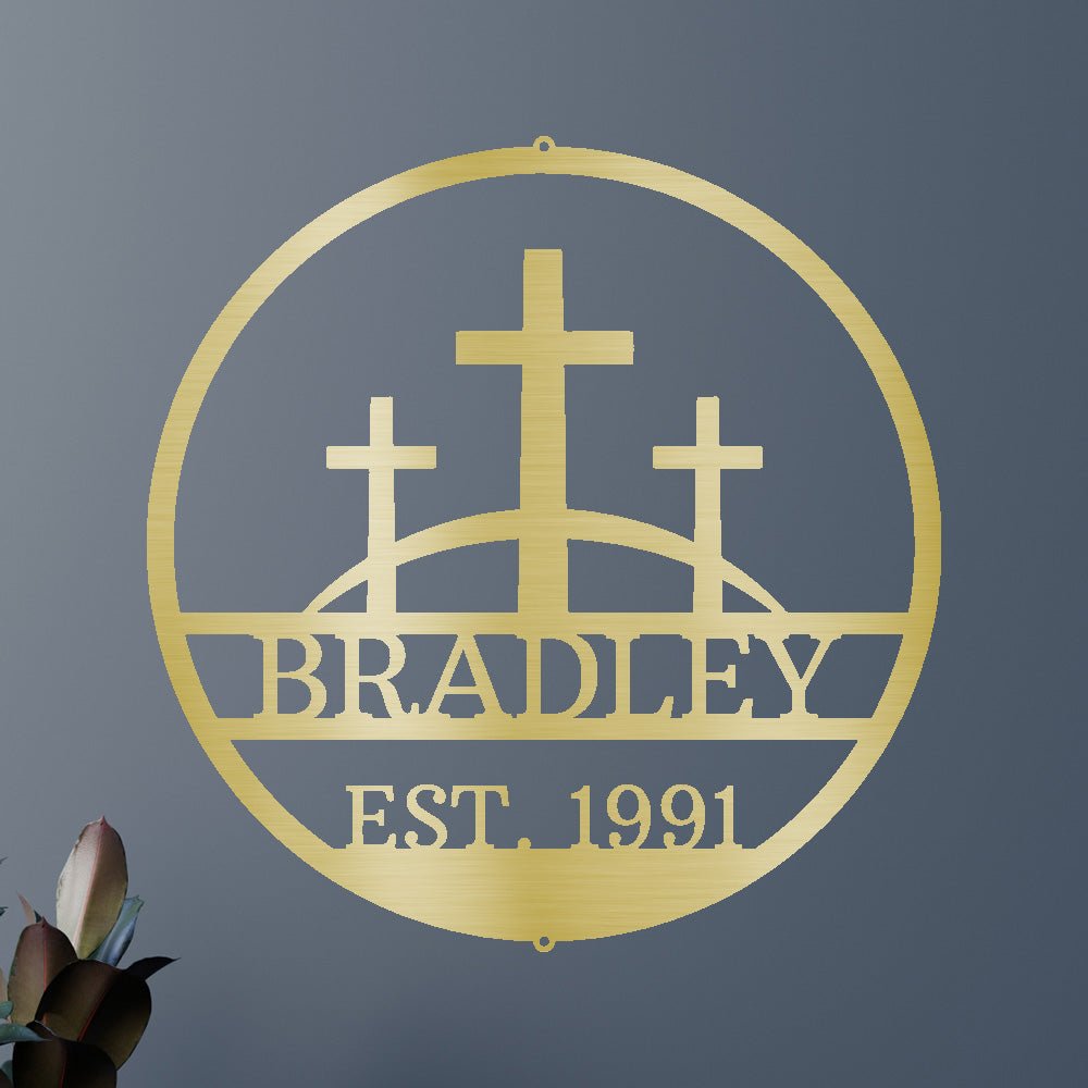 Custom Metal Wall Art - Personalized Three Crosses Name Plaque
