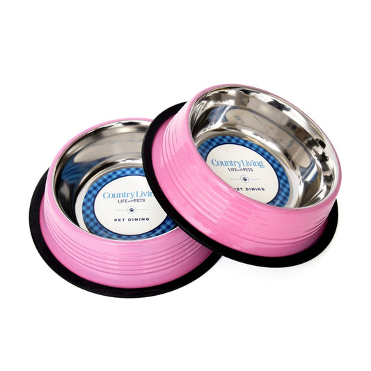 Country Living Set of 2 Ribbed Non-Slip Pet Bowls – Carnation Pink