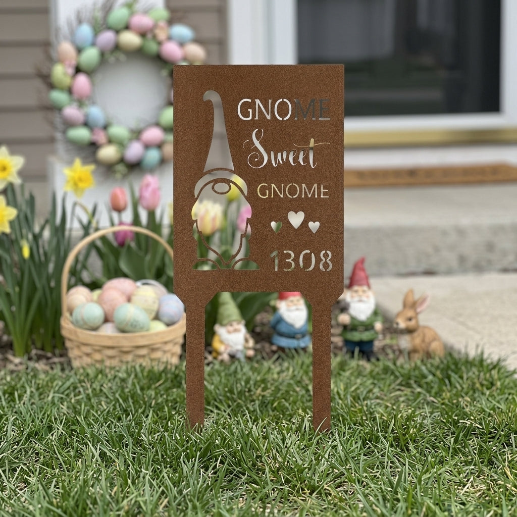 Custom Metal Yard Sign - Personalized Easter Gnome Stake